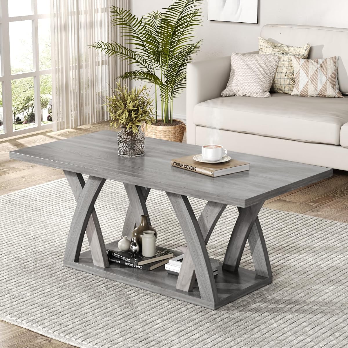 Farmhouse Coffee Table with Shelf, Wood Coffee Table for Living Room, Open Display Area, 47” Grey