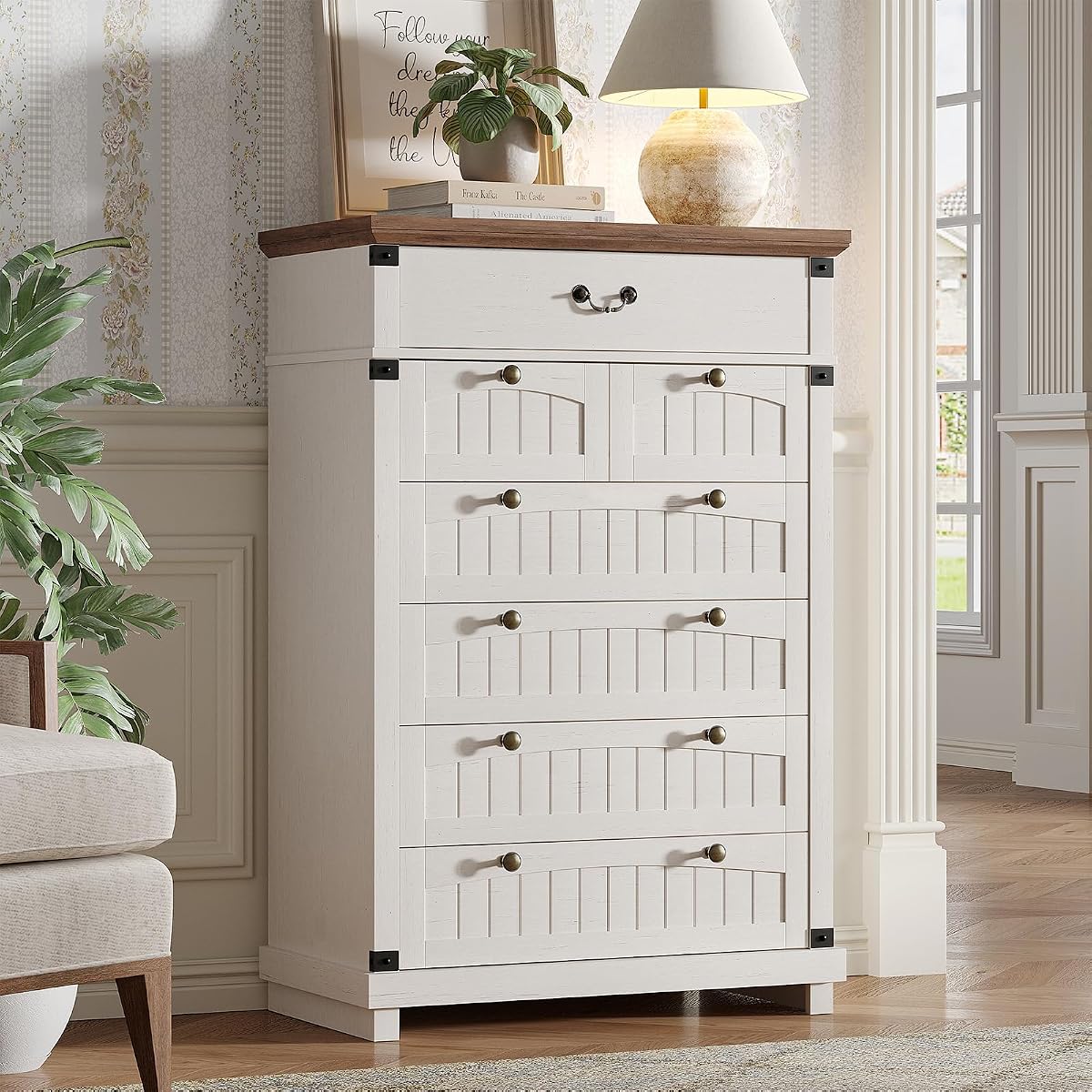 Farmhouse 7 Drawer Dresser, 47" Tall, Antique White