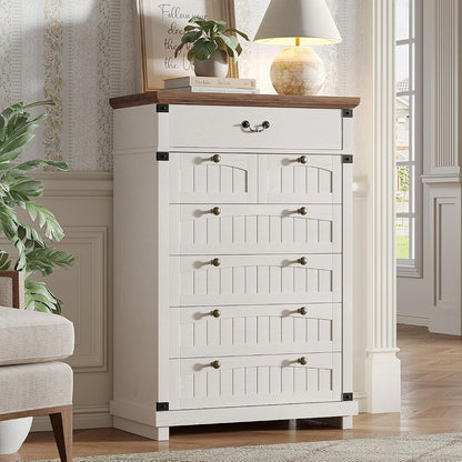 Farmhouse 7 Drawer Dresser, 47" Tall, Antique White