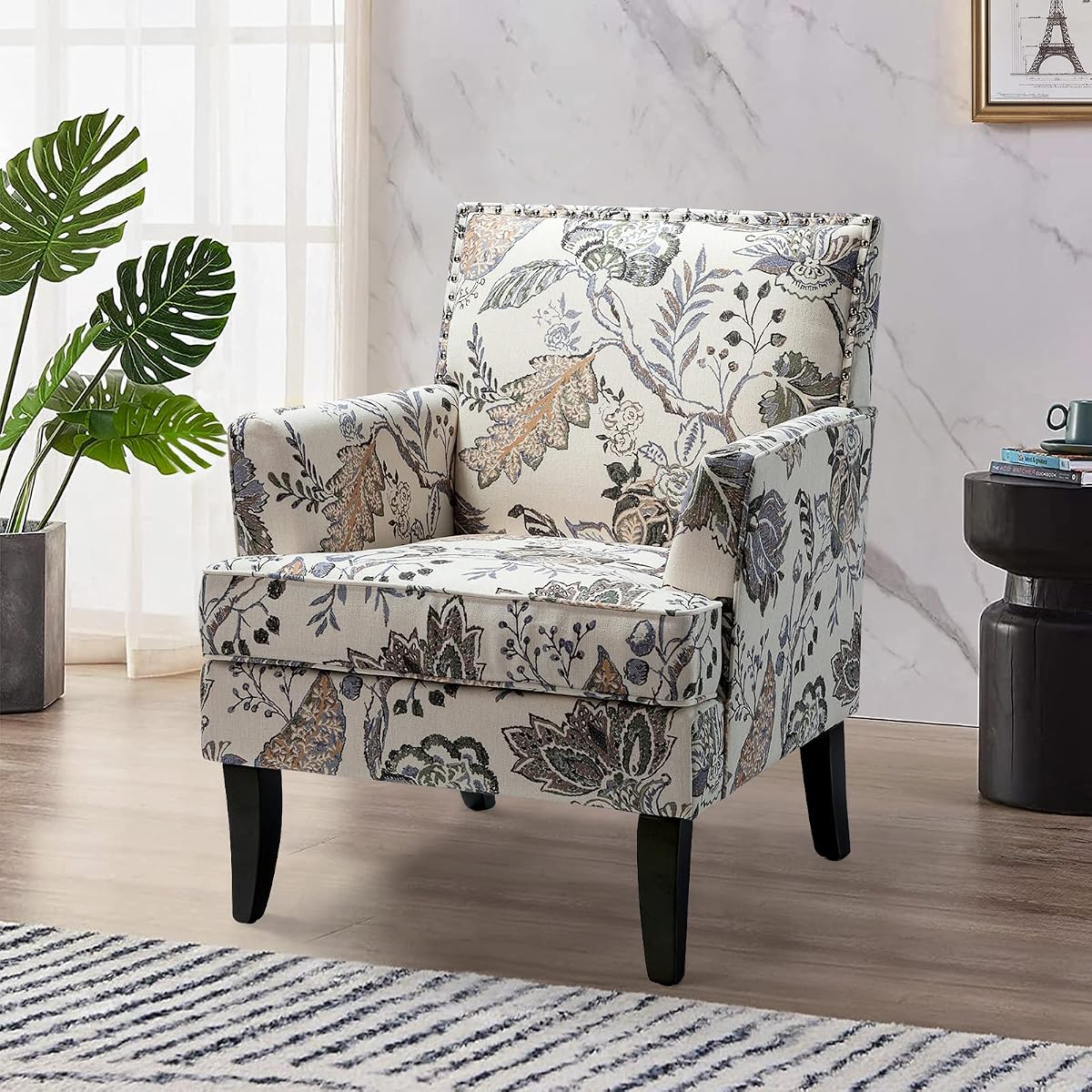 Modern Accent Chair, Printed Armchair, Orange Grey | Solid Wood Legs & Padded Cushion, Classic Rivet Decoration Design, Upholstered Floral Arm Chair for Living Room Bedroom