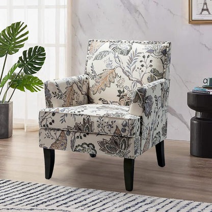 Modern Accent Chair, Printed Armchair, Orange Grey | Solid Wood Legs & Padded Cushion, Classic Rivet Decoration Design, Upholstered Floral Arm Chair for Living Room Bedroom
