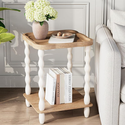 End Table, 2-Tier Farmhouse Side Table, 18.9'' Handcrafted Weathered Wooden Nightstand, Pine Leg, Square Arc Small End Tables for Living Room, Small Space, Bedroom, Boho, Easy Assembly, Beige