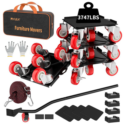 MYUEA Furniture Dolly,Furniture Movers with 5 Wheels,Carbon Steel Panel Heavy Duty Dolly,Maximum Load 3747 LBS,Furniture Lifter with 5 360° Rotatable Rubber Universal Wheels(Black,8.26x7.87 in)