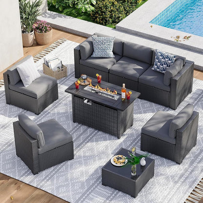 8 Piece Patio Furniture Set with 44” Fire Pit Table, Wicker Rattan Patio Sectional Sofa, Outdoor Furniture Set with Thickened Cushion, Grey