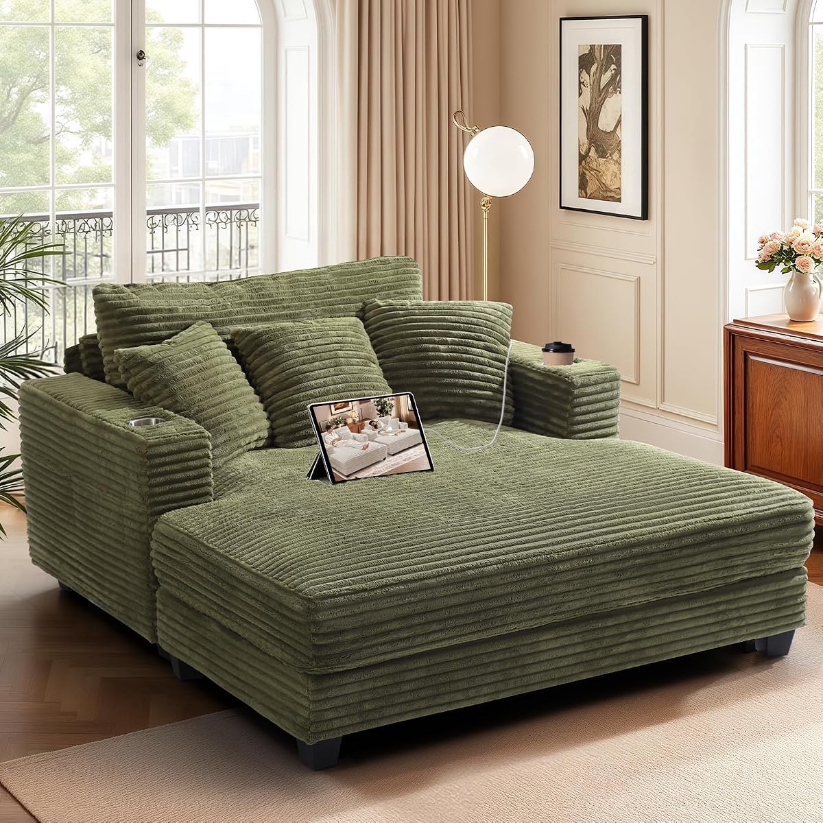 60" Chaise Lounge Chair Indoor, Wood Frame, Green