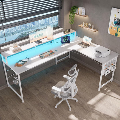 64 Inch L Shaped Gaming Desk with Power Outlets and Led Lights, Large Corner Computer Desk with Monitor Stand and Pegboard, PC Table for Home Office and Bedroom White