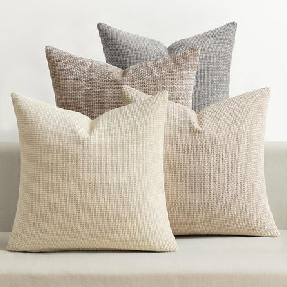 Pack of 4 Couch Throw Pillow Covers 18x18 Inch Neutral Beige/Brown Soft Decorative Chenille Pillow Covers Farmhouse Accent Cushion Covers for Boho Spring Home Decor Sofa Bedroom Living Room
