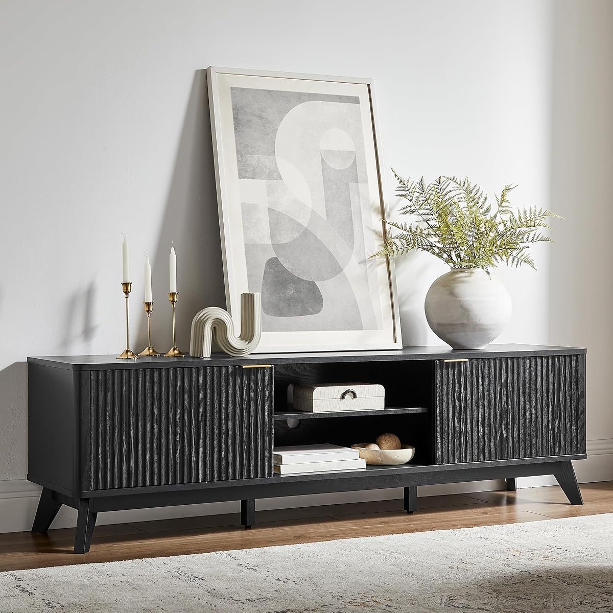 70" Mid-Century Modern Fluted TV Stand, 2 Soft-Close Doors, Black Oak