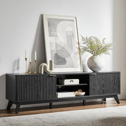 70" Mid-Century Modern Fluted TV Stand, 2 Soft-Close Doors, Black Oak