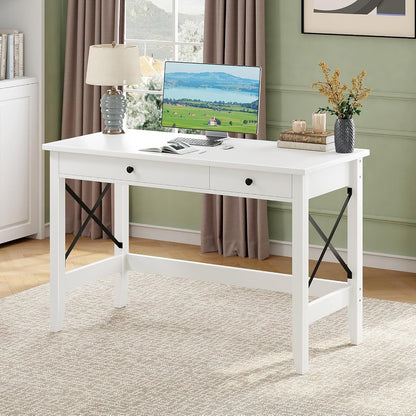 43.3 Inch White Computer Desk with 2 Drawers for Home Office Bedroom
