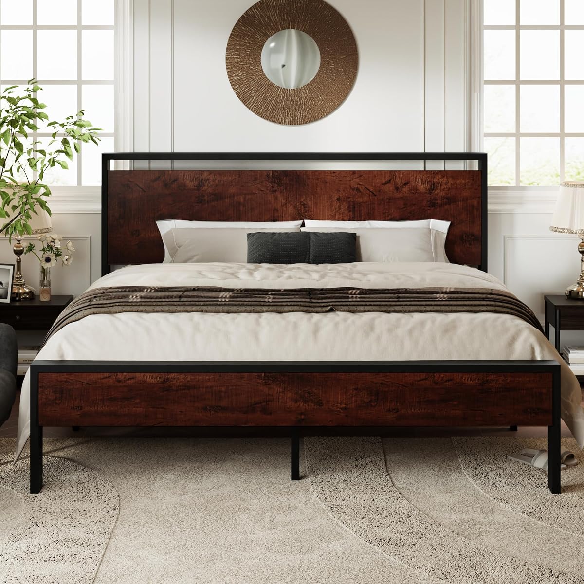 King Size Bed Frame, Heavy Duty 12 Metal Slats Support, Mahogany