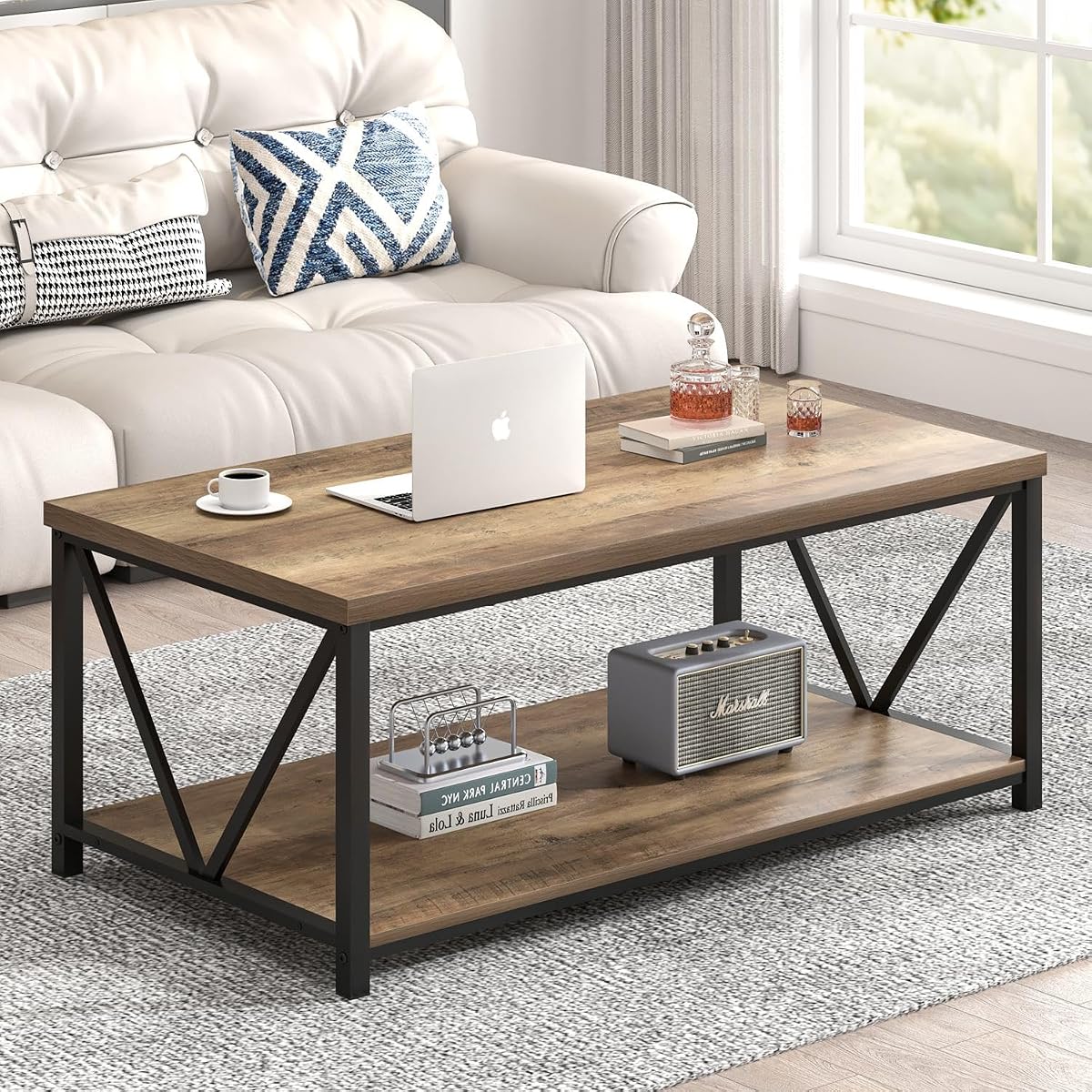 Coffee Table with Storage Shelf, Modern Industrial Metal and Wood Living Room Table, Small Rectangle Cocktail Tea Table for Bedroom Home Office, Rustic Oak, 39.3 Inch