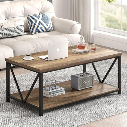 Coffee Table with Storage Shelf, Modern Industrial Metal and Wood Living Room Table, Small Rectangle Cocktail Tea Table for Bedroom Home Office, Rustic Oak, 39.3 Inch