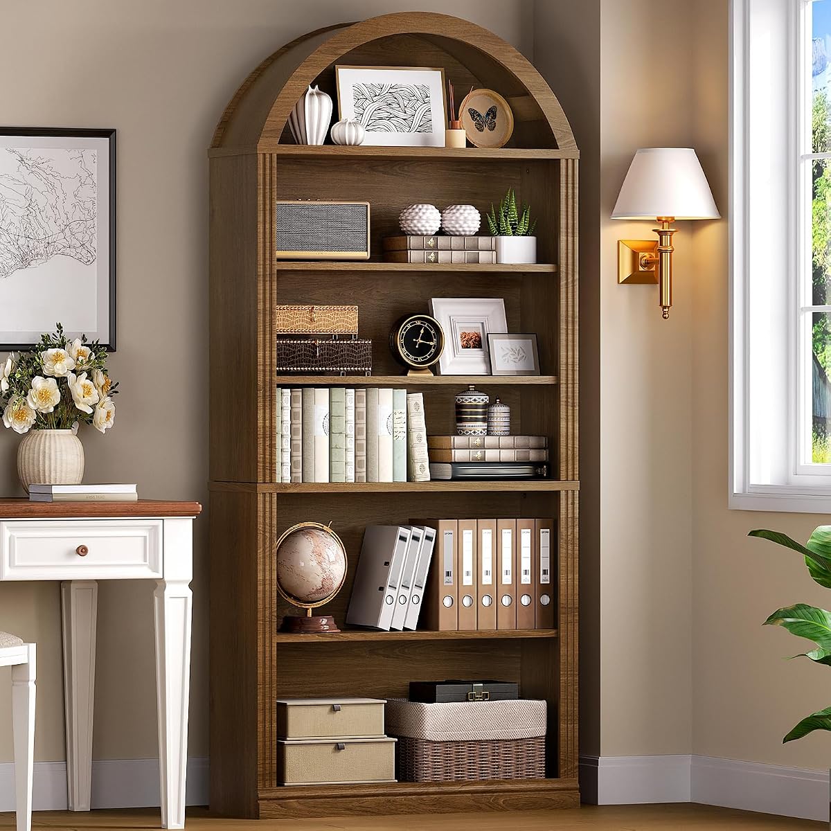 Arched Bookshelf, 75.8" Tall Arch Bookcase with Storage