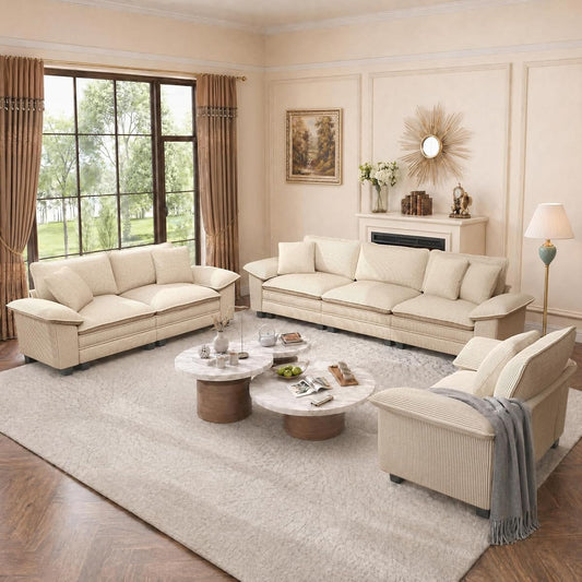 Cloud Modular Couches Sets, 3 Pieces Large Sectional Sofa Set with Loveseats & Armchair, 6-Seater Upholstered Couch for Living Room, Corduroy Fabric, Beige