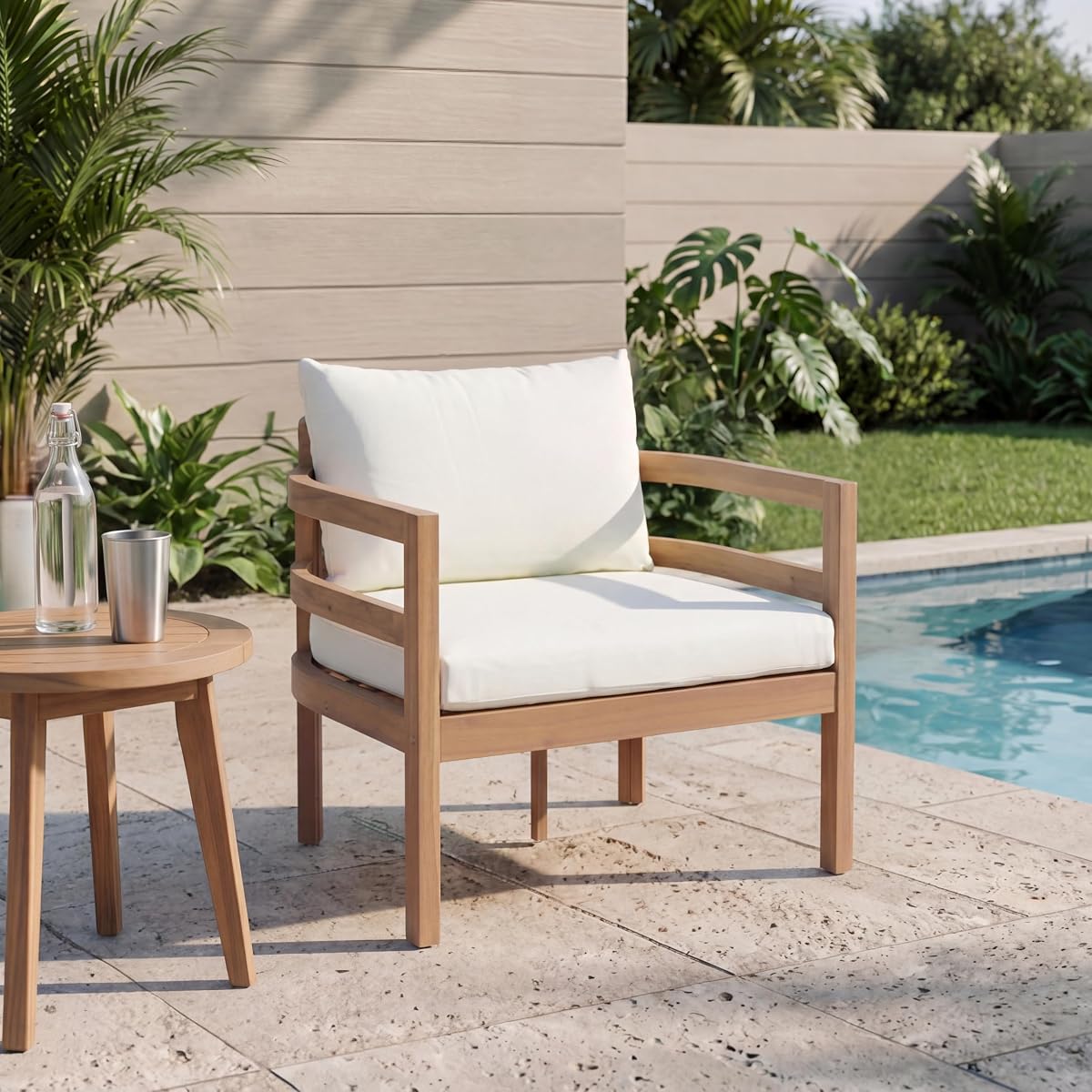 Alger Acacia Wood Lounge Chair Outdoor with Removable Cushion, Solid Wood Patio Accent Chair with Cushion, Patio Furniture Set Sofa Chair, Light Teak+Beige