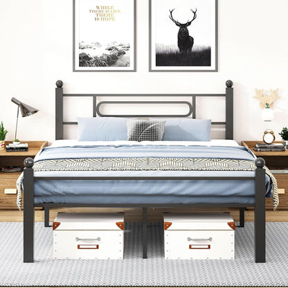 Black Metal Full Size Bed Frames with Headboard, Heavy-Duty Metal Slats Support