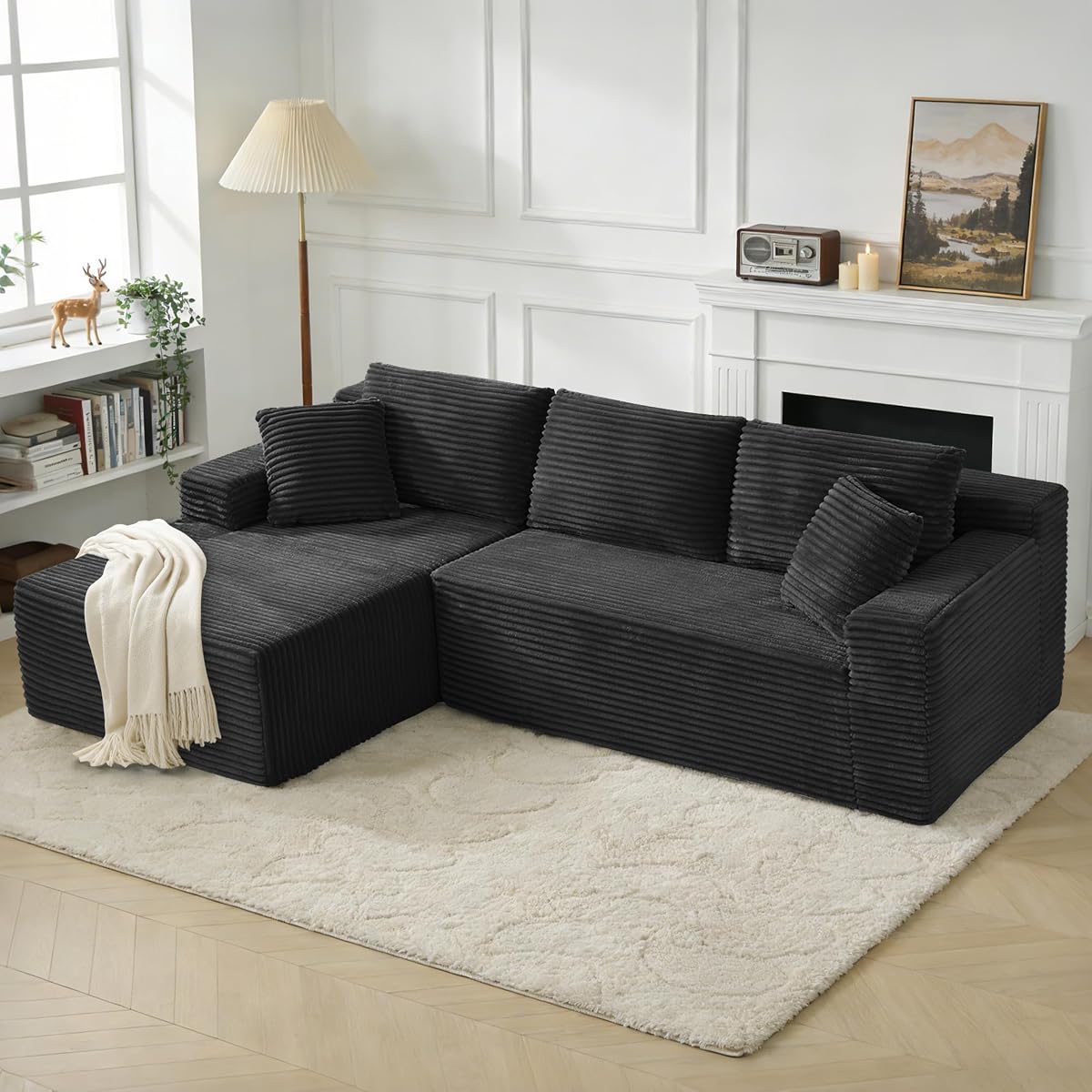 103" Black Boneless Couches for Living Room, L-Shaped Cloud Sectional Sofa with Chaise, Corduroy Foam Compression Modular Set for Apartment Home Office, No Assembly Required