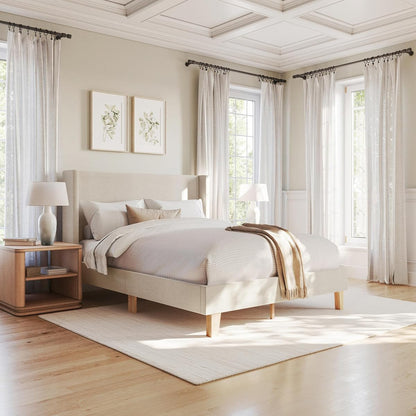 Maisie Queen Wingback Upholstered Platform Bed, Beige