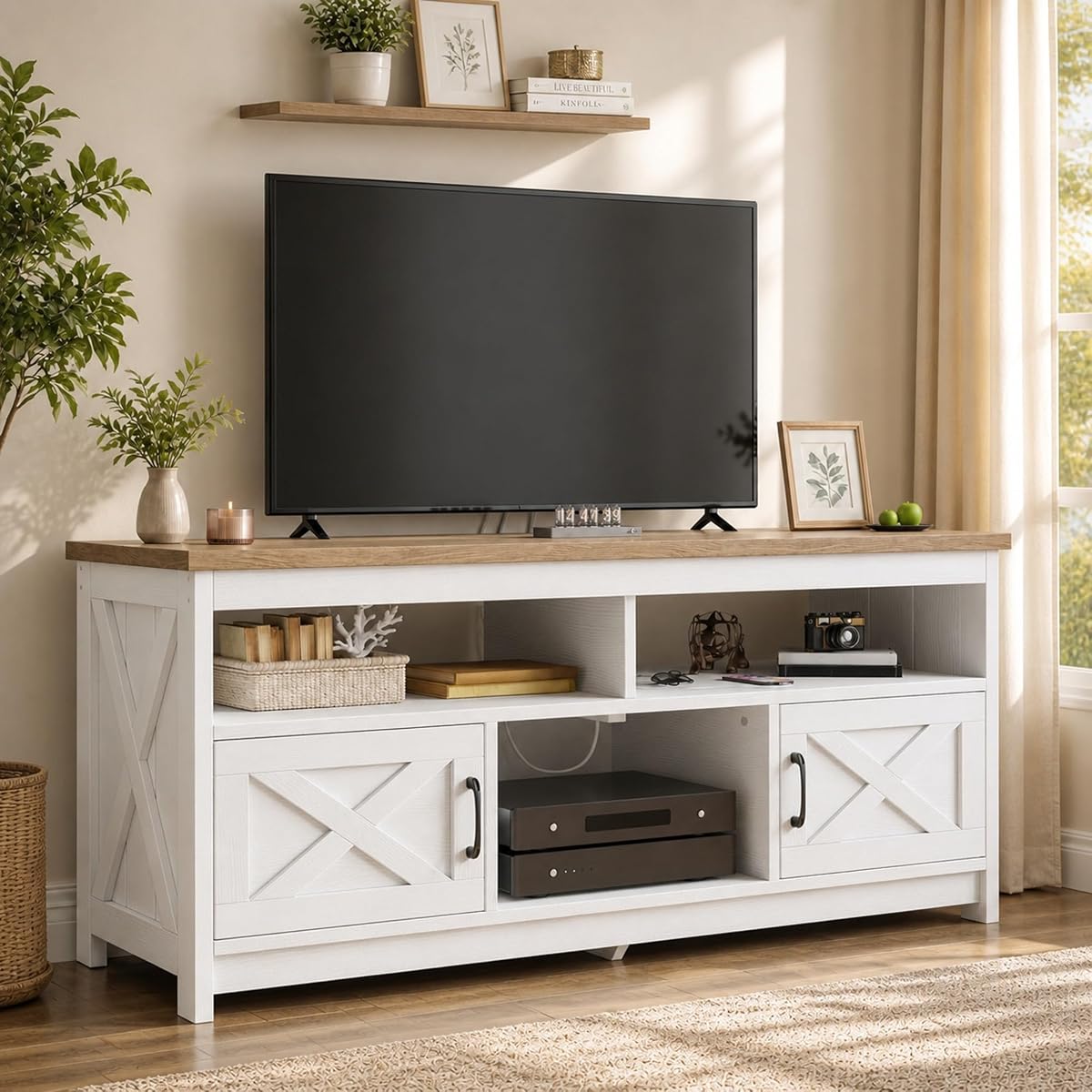59 Inch TV Stand with Power Outlets for 65" TVs, Grey Wash/White