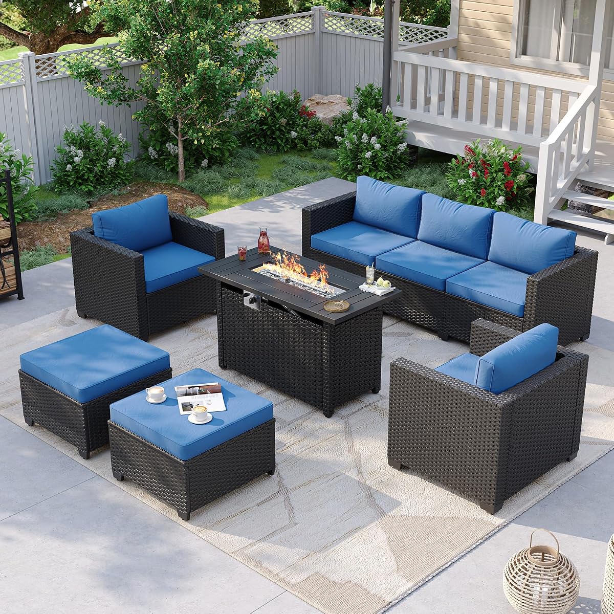 Patio Furniture Set with Fire Pit Table, 6 Piece Outdoor Furniture Set with Wicker Ottomans, Rattan Outdoor Sectional Sofa with Thickened Cushion & Waterproof Cover Navy Blue