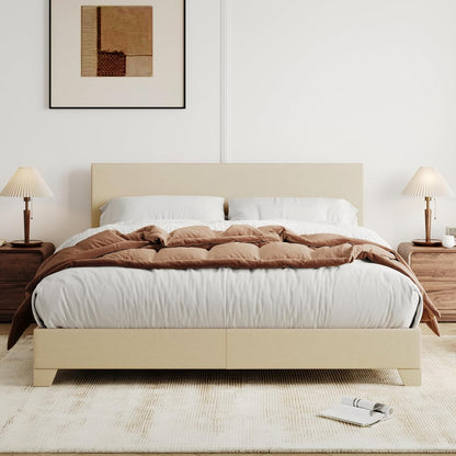 Queen Size Upholstered Bed Frame Adjustable Headboard, Beige