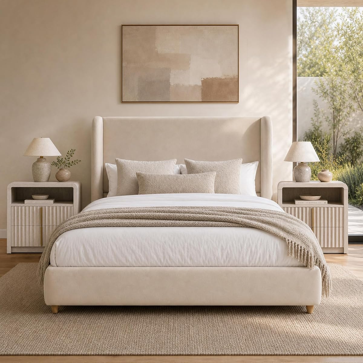 Queen Upholstered Bed Frame, 47" Tall Wingback Headboard, Beige