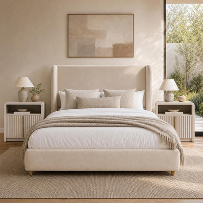 Queen Upholstered Bed Frame, 47" Tall Wingback Headboard, Beige