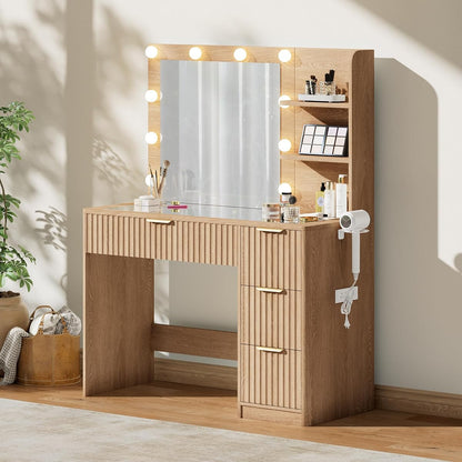 36" Fluted Vanity Desk with Mirror, Adjustable LED, 4 Drawer, Oak