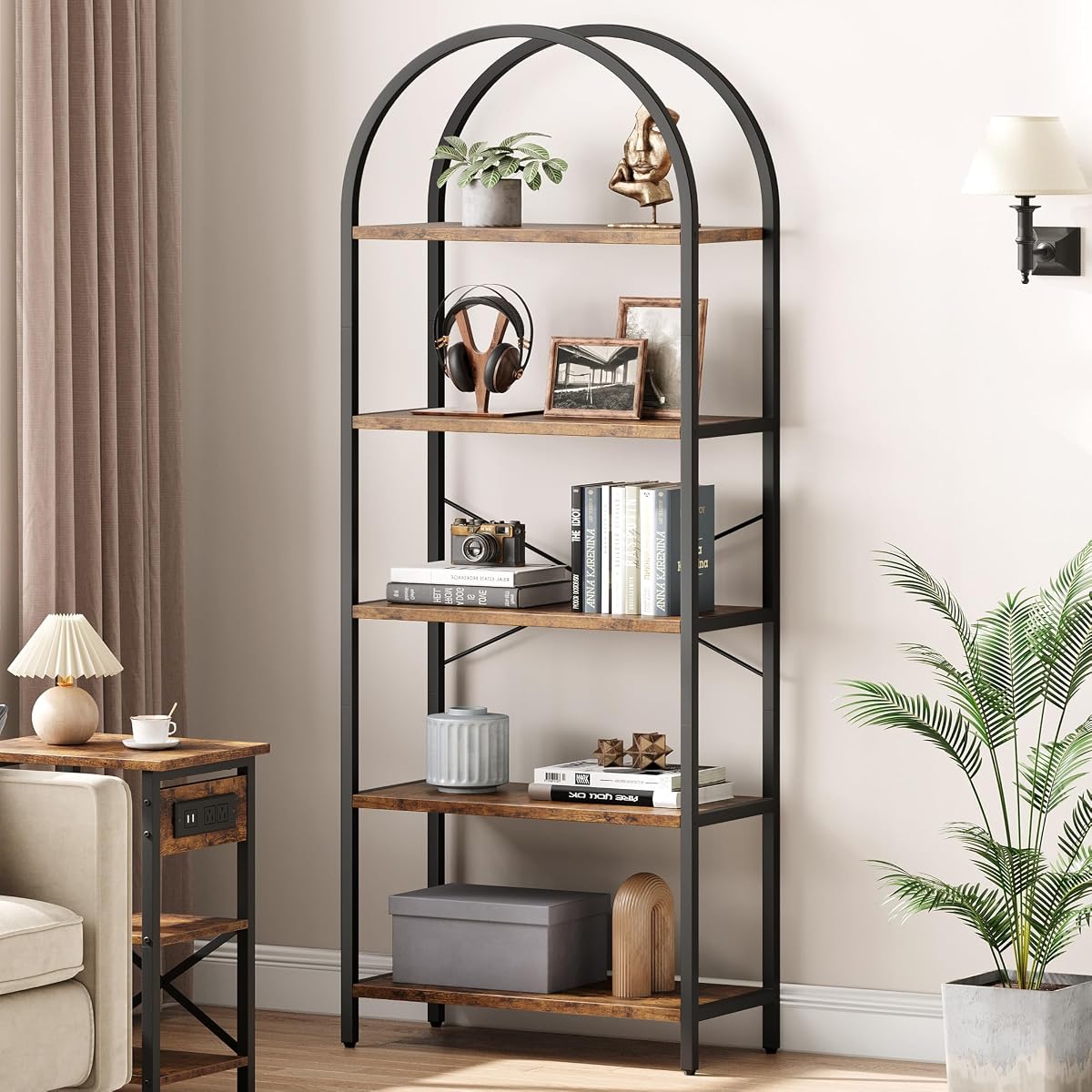 Bookshelf 5 Tier Bookcase Arched Display Racks Tall Standing Bookshelves Metal Frame Modern Storage Rack Shelf Large Wood Book Shelf for Bedroom, Living Room, Home Office (Rustic Brown)