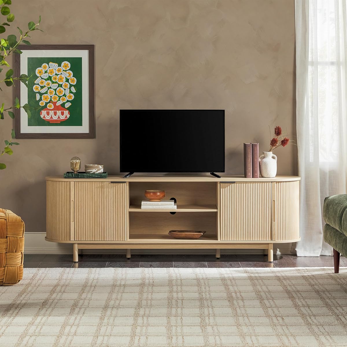 Chloe Curved Reeded TV Stand, Sliding Doors, 75 Inch, 70 inch, Coastal Oak