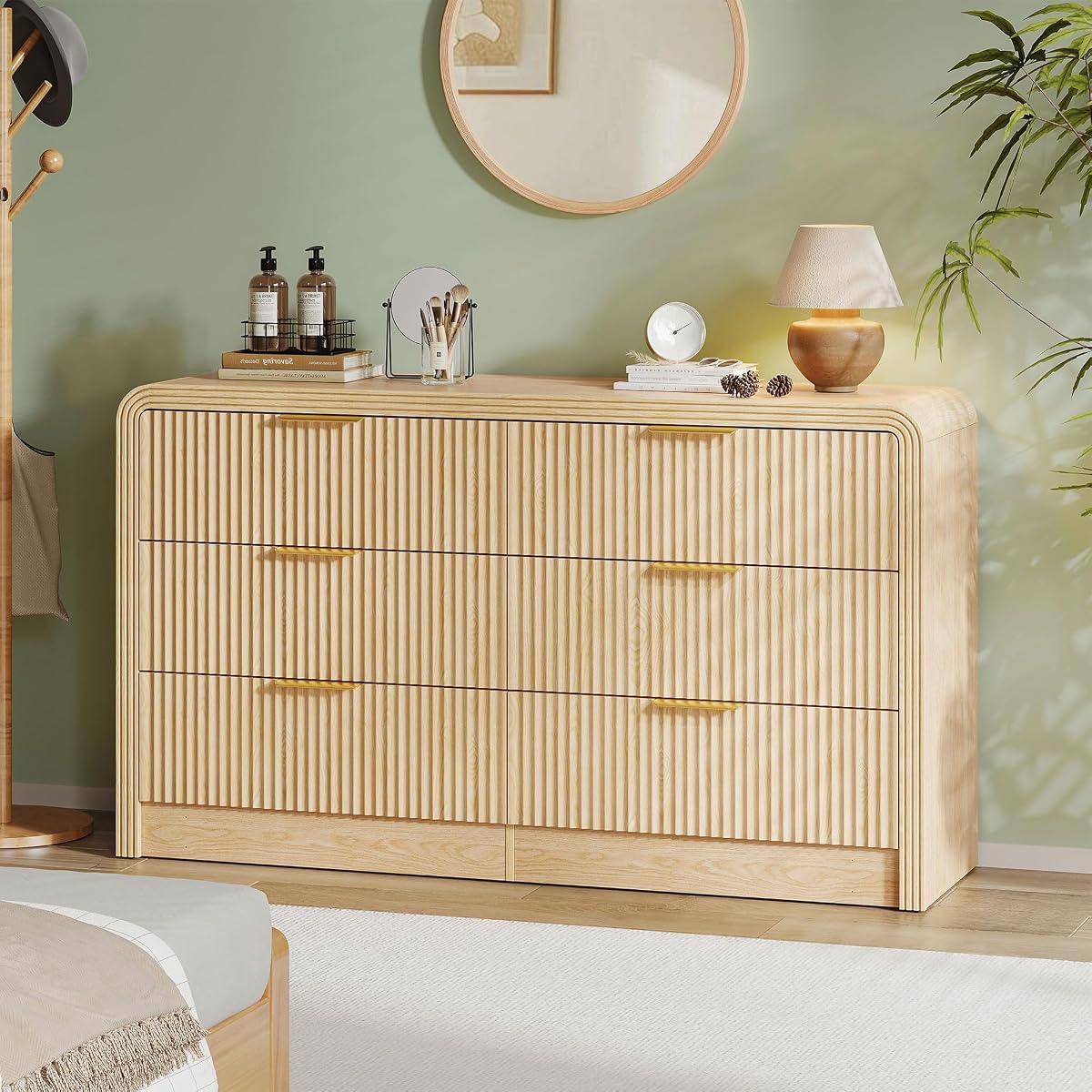 55" W Fluted 6-Drawer Dresser for Bedroom,Natural Oak