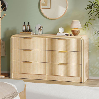 55" W Fluted 6-Drawer Dresser for Bedroom,Natural Oak