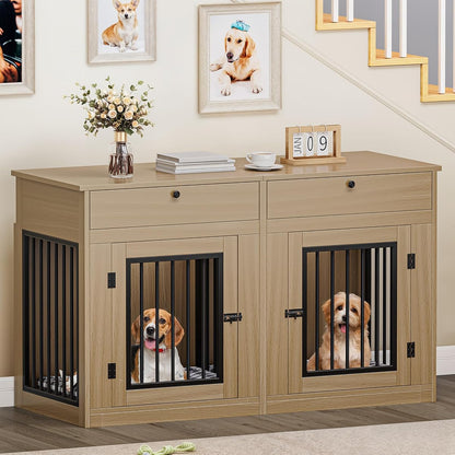 60" Dog Crate Furniture with Removable Divider & Storage Drawers