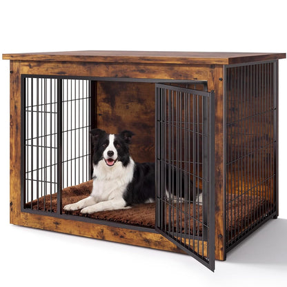 3-in-1 Wooden Dog Crate Furniture, Side Table & Kennel with Cushion