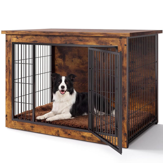 3-in-1 Wooden Dog Crate Furniture, Side Table & Kennel with Cushion