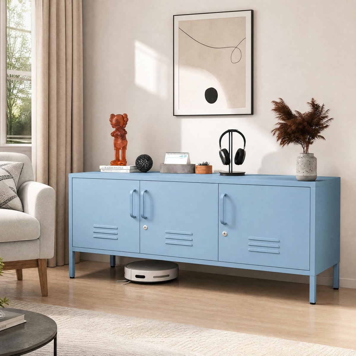 Blue Industrial Metal TV Stand with Lockable Storage Cabinet