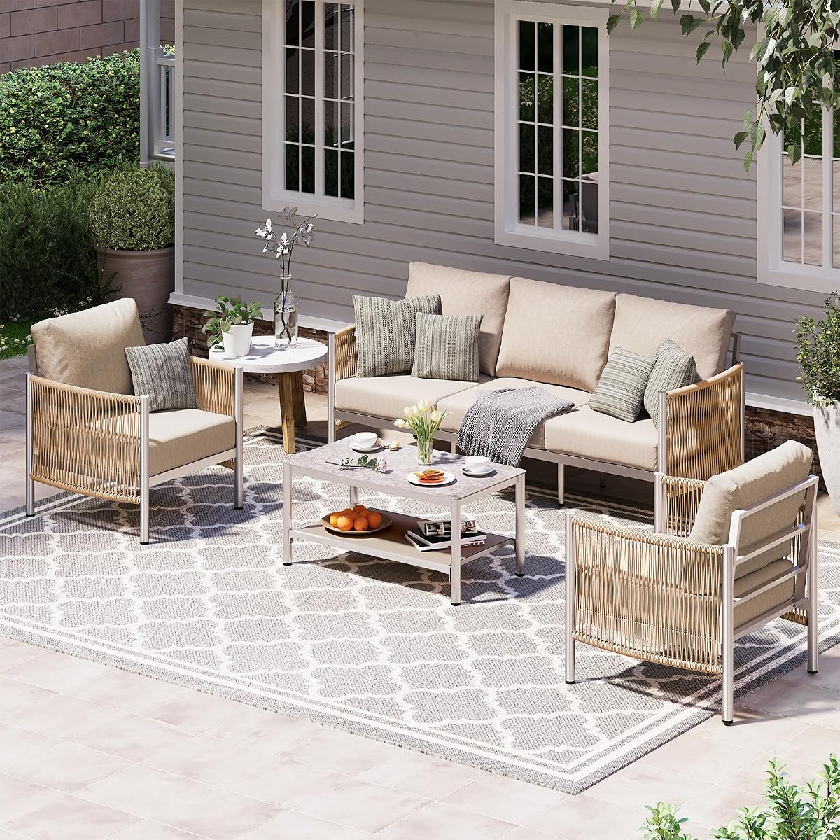 Aluminum Outdoor Patio Furniture Set with Dual-Layer Coffee Table, 4 Piece Modern Patio Conversation Sets with PE Rope, Outdoor Sectional Sofa with Thick Cushions for Balcony, Porch, Beige