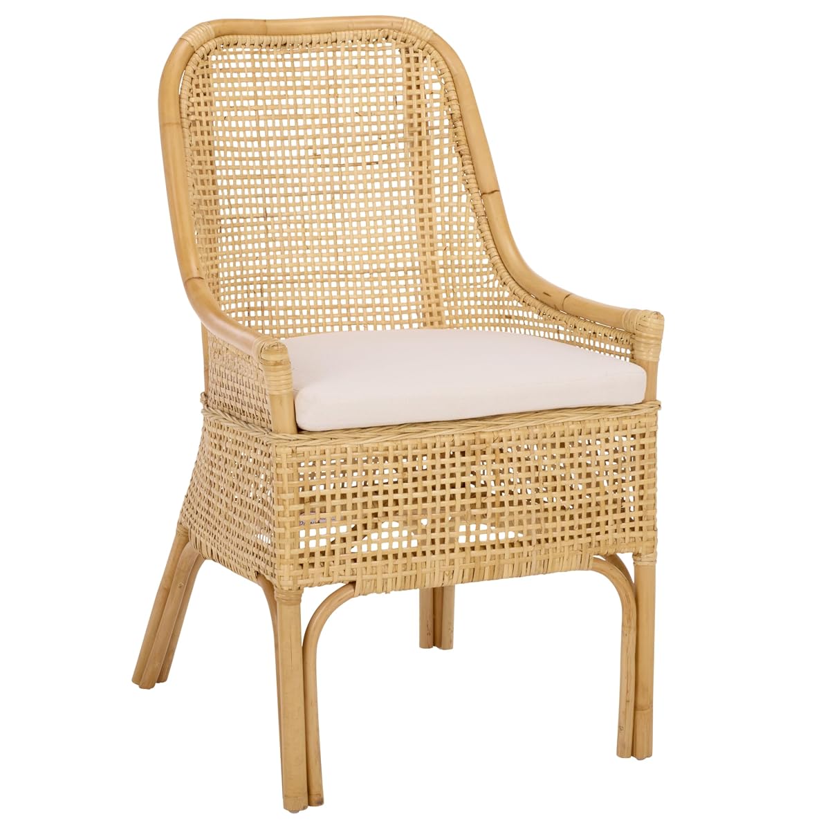 SAFAVIEH Furniture - Alina Dining Chair - Light Natural Rattan & White Cushion - Woven Armchair Design - Ideal for Dining Room, Kitchen, 18.3" Seat Height (DCH6511A)