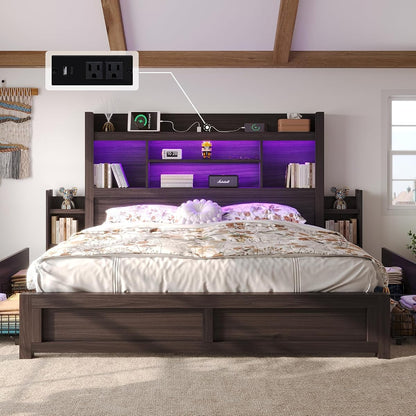 King Size Bed Frame with Bookcase Headboard & Storage, Black