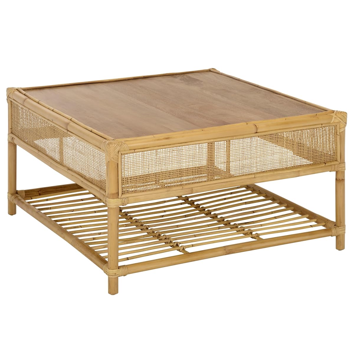 SAFAVIEH Furniture - Webber Square Coffee Table - Natural Solid Wood with Rattan Shelf Storage - Boho Living Room Table, 31.5" W x 31.5" D x 17.7" H (COF6519A)