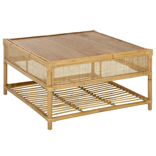 SAFAVIEH Furniture - Webber Square Coffee Table - Natural Solid Wood with Rattan Shelf Storage - Boho Living Room Table, 31.5" W x 31.5" D x 17.7" H (COF6519A)