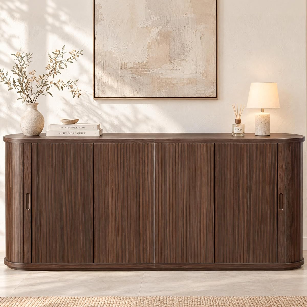 71" Fluted Sideboard Buffet Cabinet with Sliding Doors, Walnut