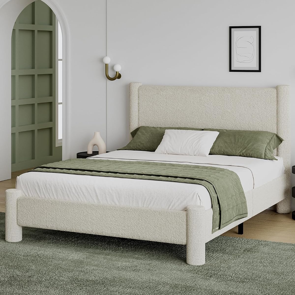 Queen Boucle Bed Frame with Headboard & Footboard, Cream