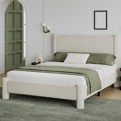 Queen Boucle Bed Frame with Headboard & Footboard, Cream