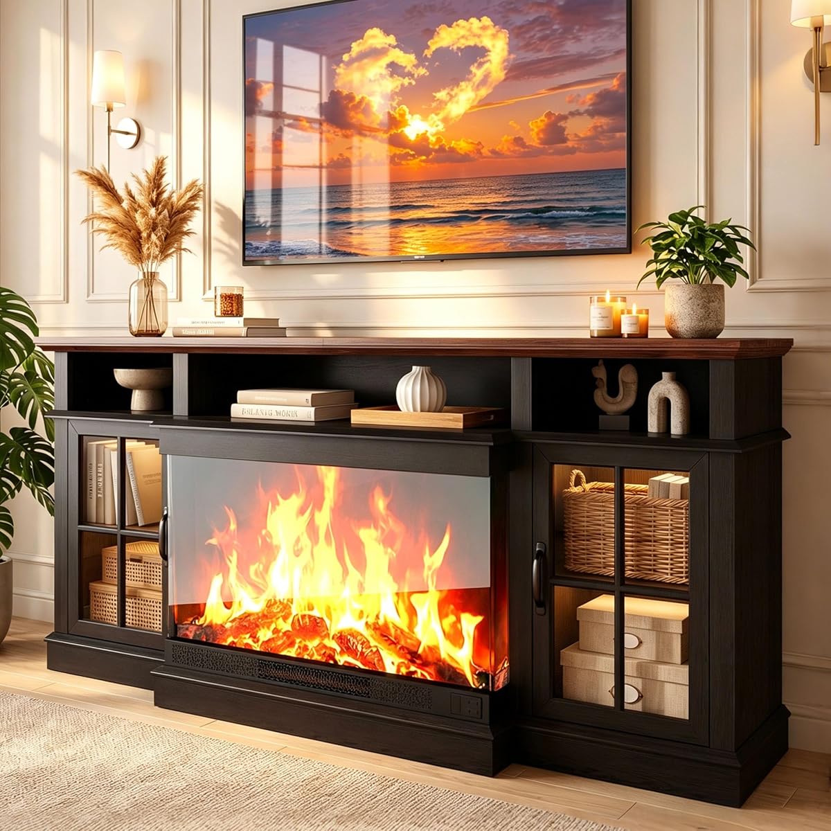 70" Fireplace TV Stand,Modern Entertainment Center,Black