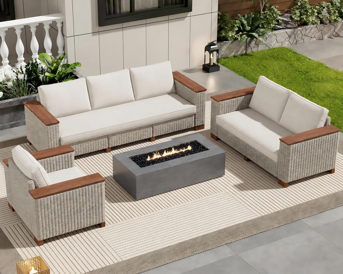 6-Piece Wicker Patio Furniture Set with Solid Wood Armrest, Outdoor Patio Set with Thick Legs, UV-Resistant Modular Outdoor Sectional Sofa for Backyard, Porch, Garden