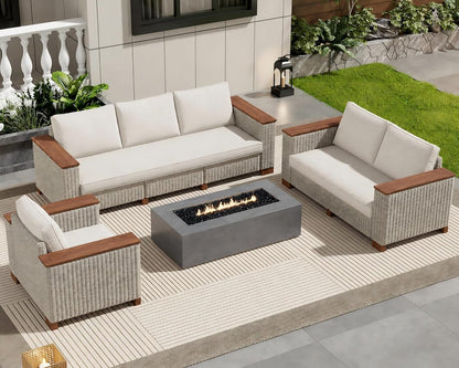 6-Piece Wicker Patio Furniture Set with Solid Wood Armrest, Outdoor Patio Set with Thick Legs, UV-Resistant Modular Outdoor Sectional Sofa for Backyard, Porch, Garden