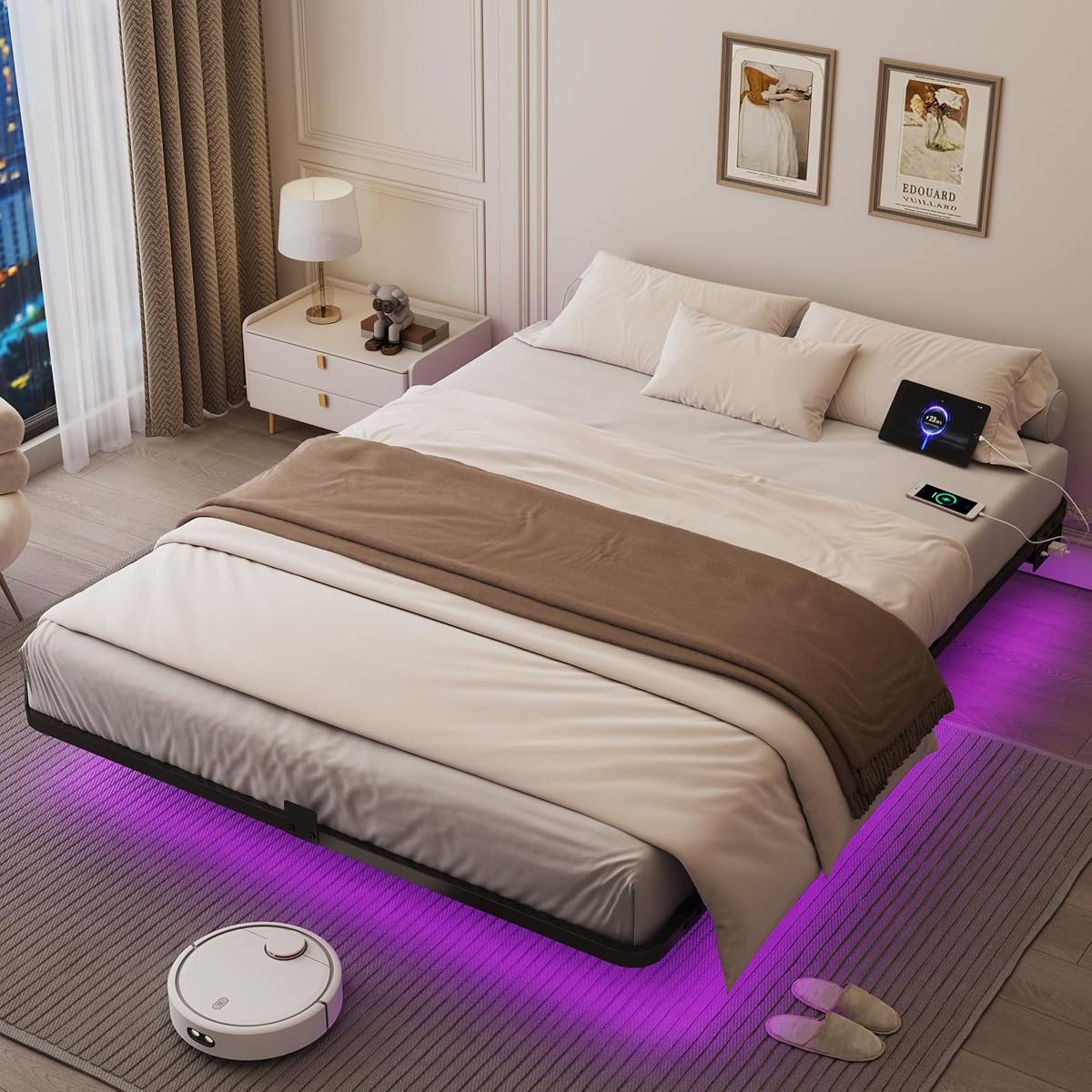 Full Size Floating Bed Frame with Smart LED Lights & Charging Station