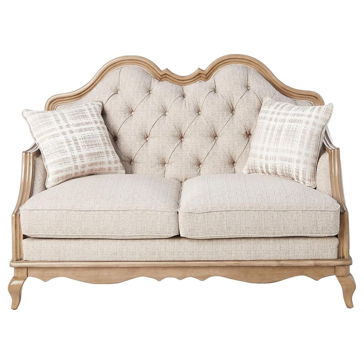 Chelmsford Loveseat with 2 Accent Pillows Beige Fabric Antique Taupe Frame Elegant Upholstered 2 Seater Sofa Classic Living Room Furniture Comfortable Cushions Durable Wooden Construction